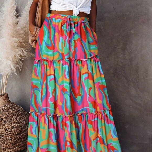 Multicolor Casual Women's Boho Abstract Print Long Elastic Waist A Line Skirt - Picture 1 of 3